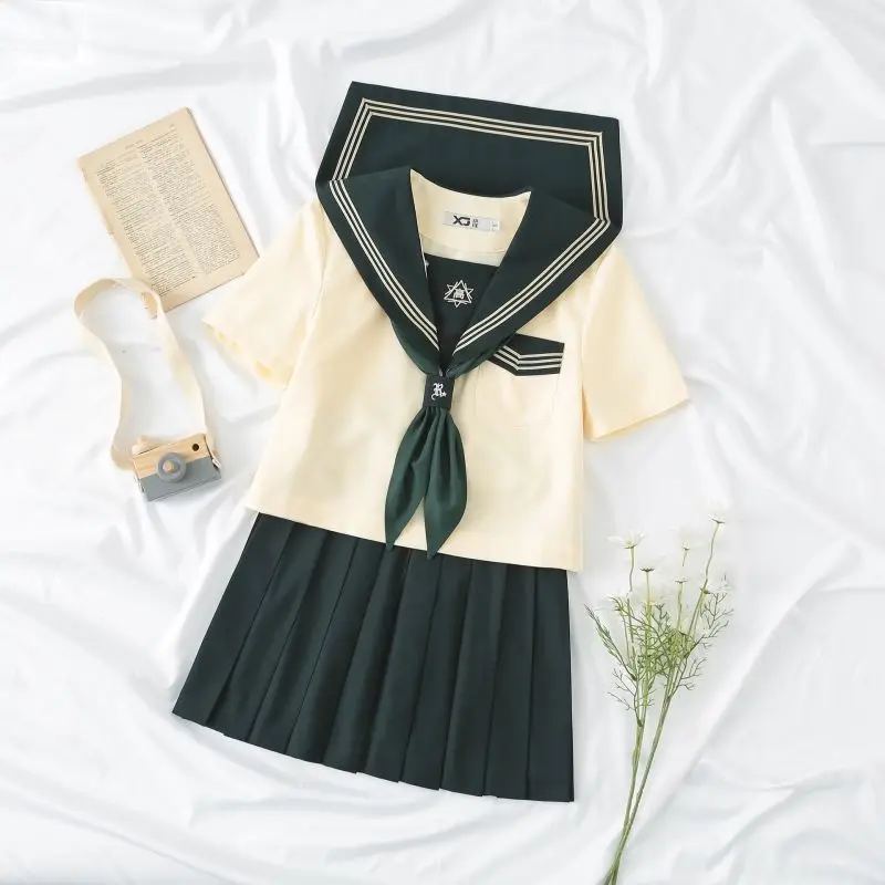 Japanese Harajuku Jk Uniform Kawaii Girl Clothes Green Sailor Long Short Sleeve Student Basic Set Shirt Skirt Bow Suit