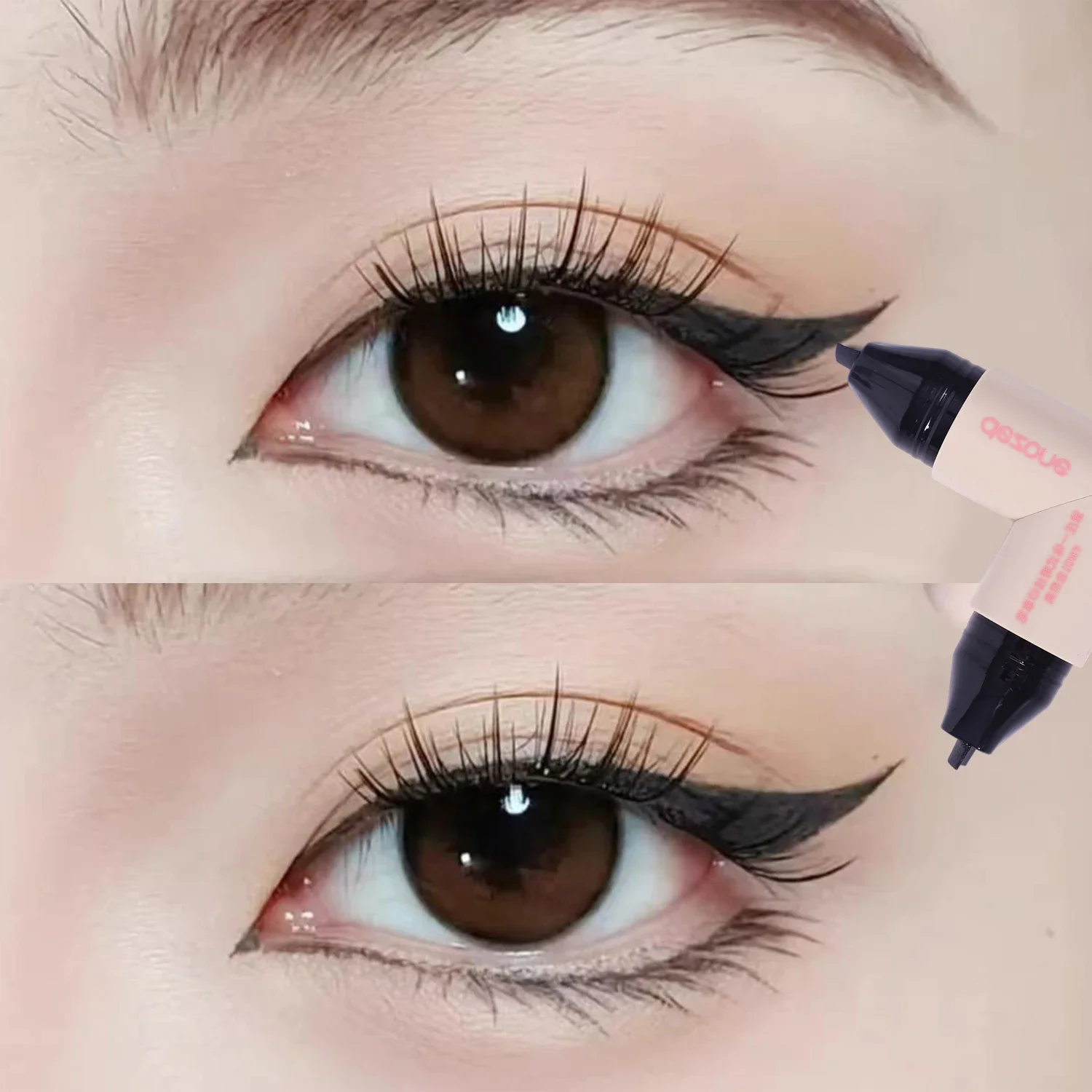 Hartvormige dubbele kop eyeliner stempelpen Langdurige waterdichte niet-vlekkende bruinzwarte eyeliner voor dikke make-up cosmetica