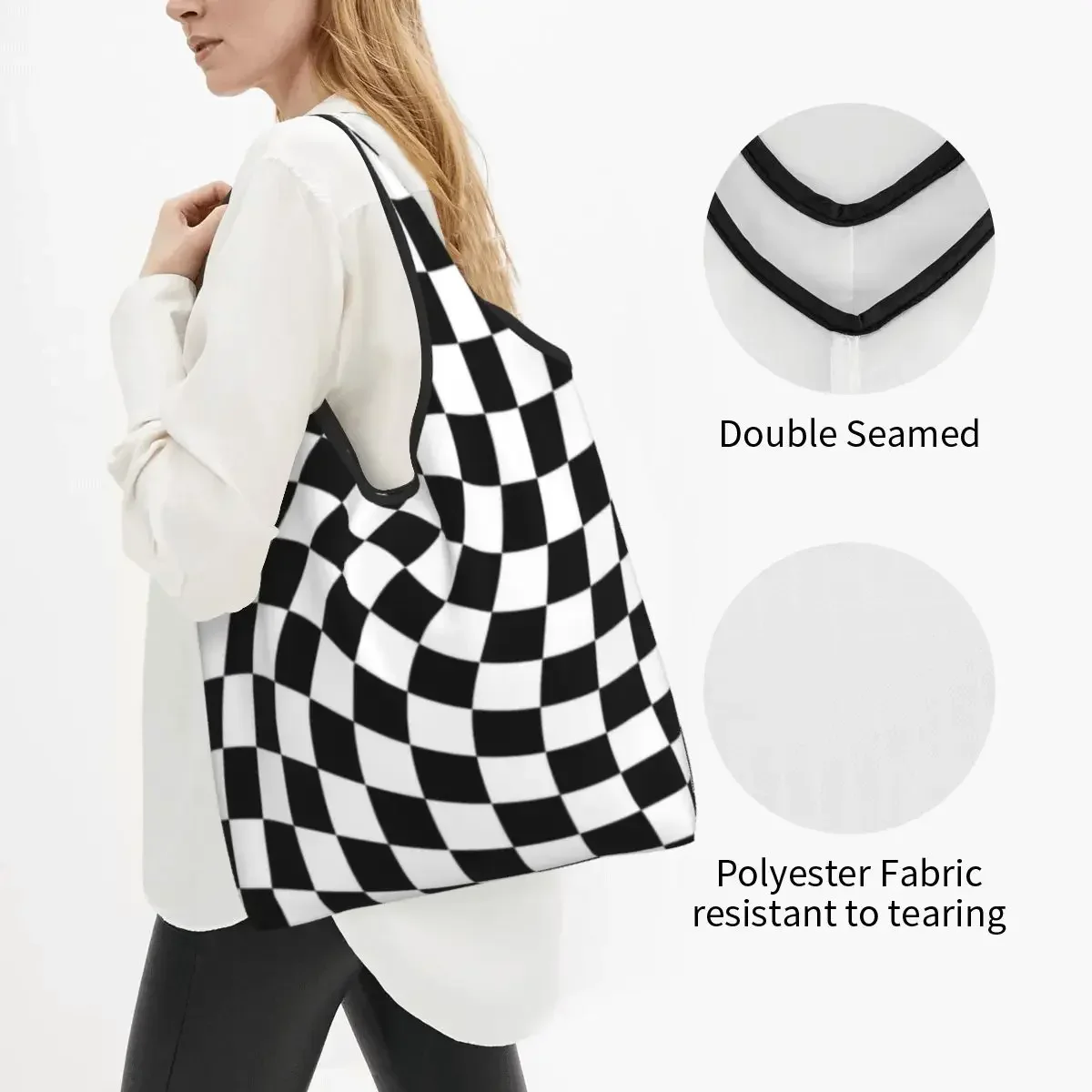 Check Black Twist Grocery Tote Shopping Bag Women Custom Geometric Checkerboard Shoulder Shopper Bag Large Capacity Handbag