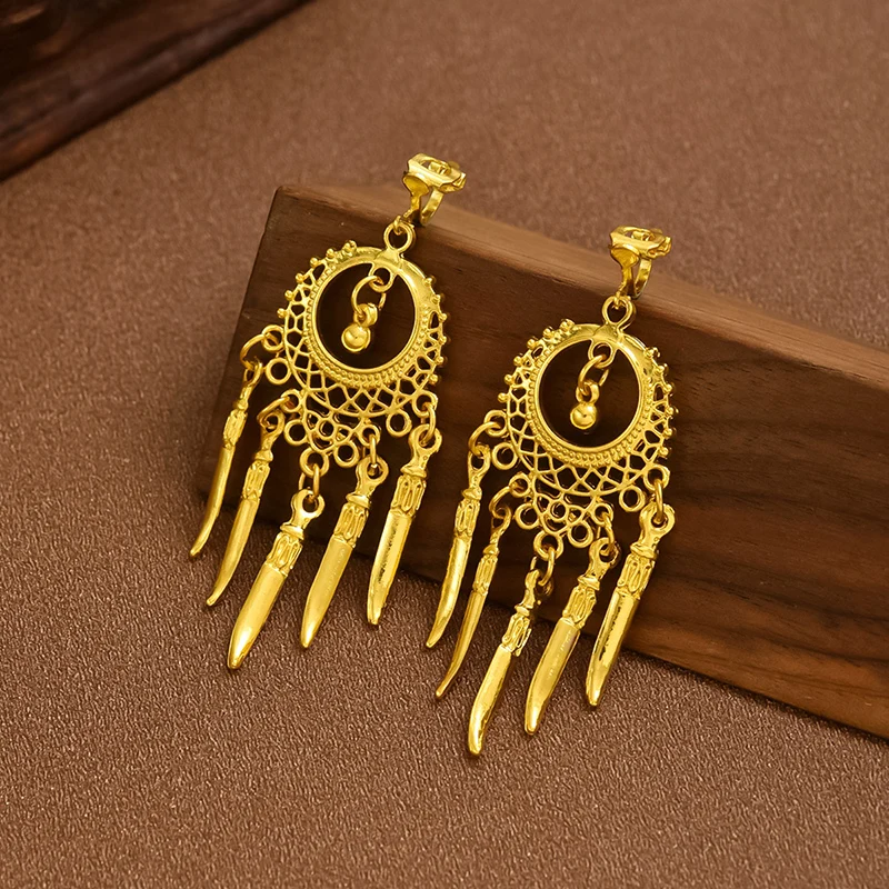 Vintage Palace Colorful Rhinestone Ear Clips for Women Bohemian Tassel Ethnic Dangle Earrings Non Piercing Fashion Party Jewelry