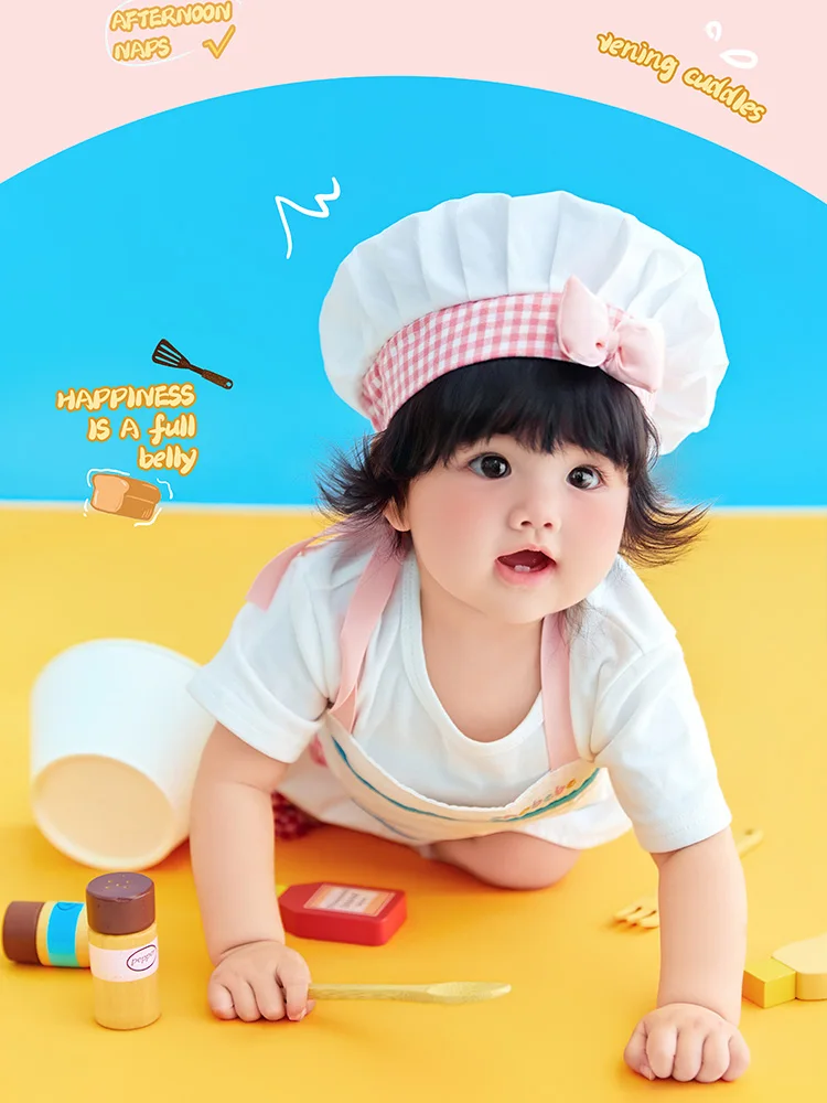 1st Birthday Baby Growth Memorial Photography Props Little Chef Outfit Set Pretend Food Decor Prop for Studio Photographer Photo