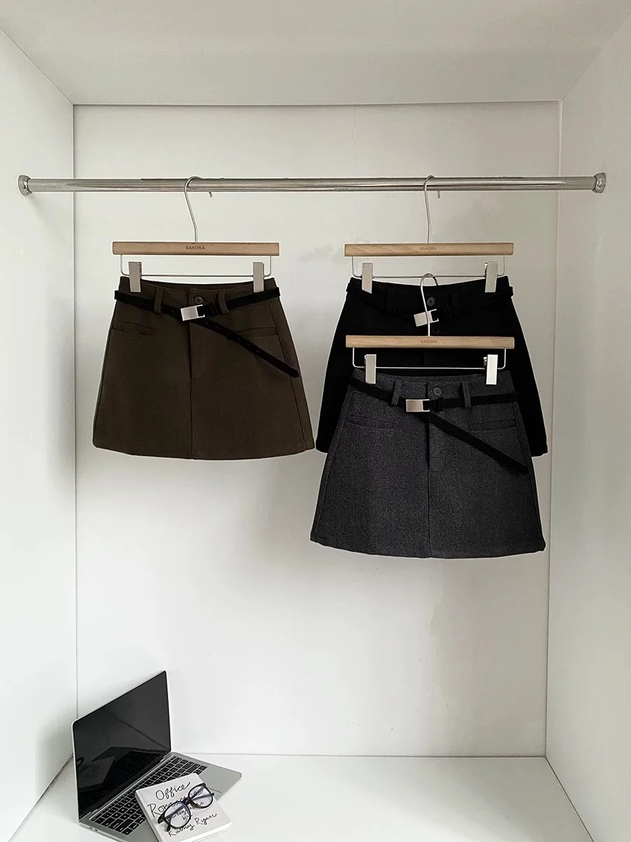 

Women's Autumn Winter Wool&blend A Line Short Skirt Lady Streetwear High Waist Solid Color Mini Skirt