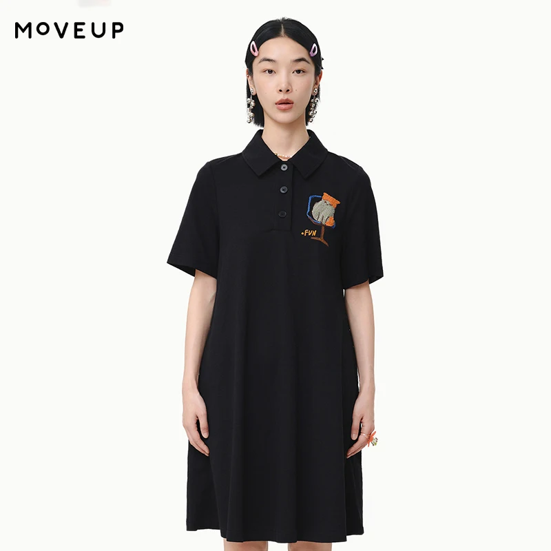 

Платье MOVEUP с коротким рукавом, весна 2026, новинка, с воротником поло, вышивкой мультяшного кота, повседневное, А-силуэт, вязаное, для женщин 325111305