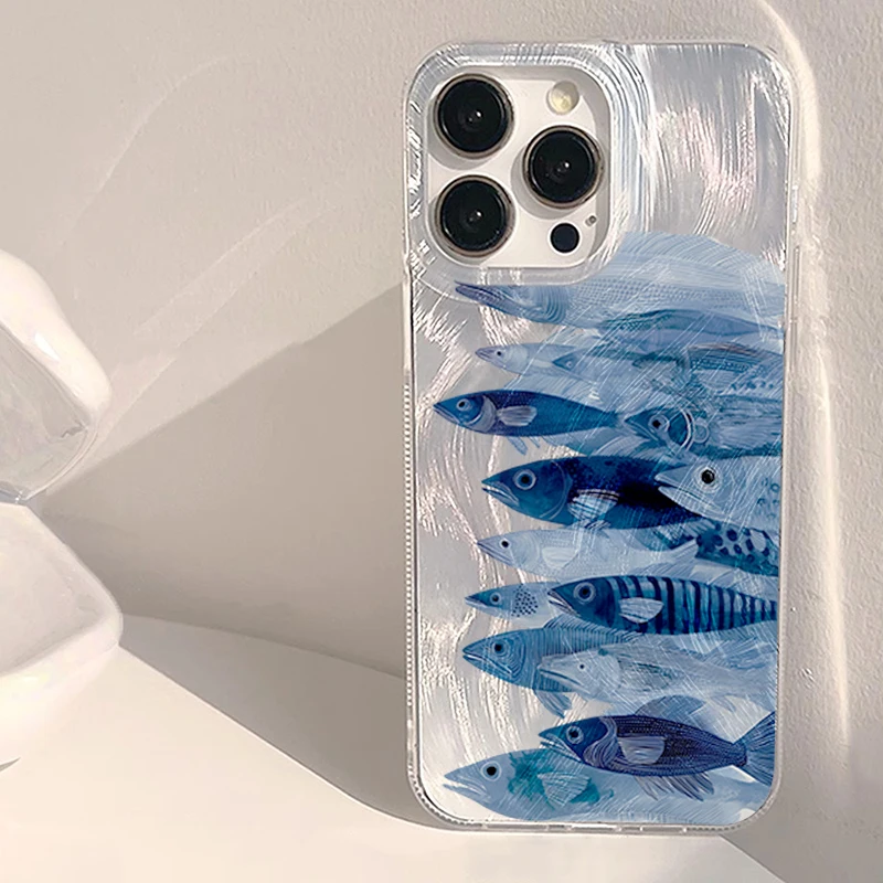 Phone Case For Samsung Galaxy S26 S25 Plus S24 FE S23 Ultra S22 A36 A16 A56 A06 A15 A55 A54 A53 Cute Blue Fish School Grid Cover