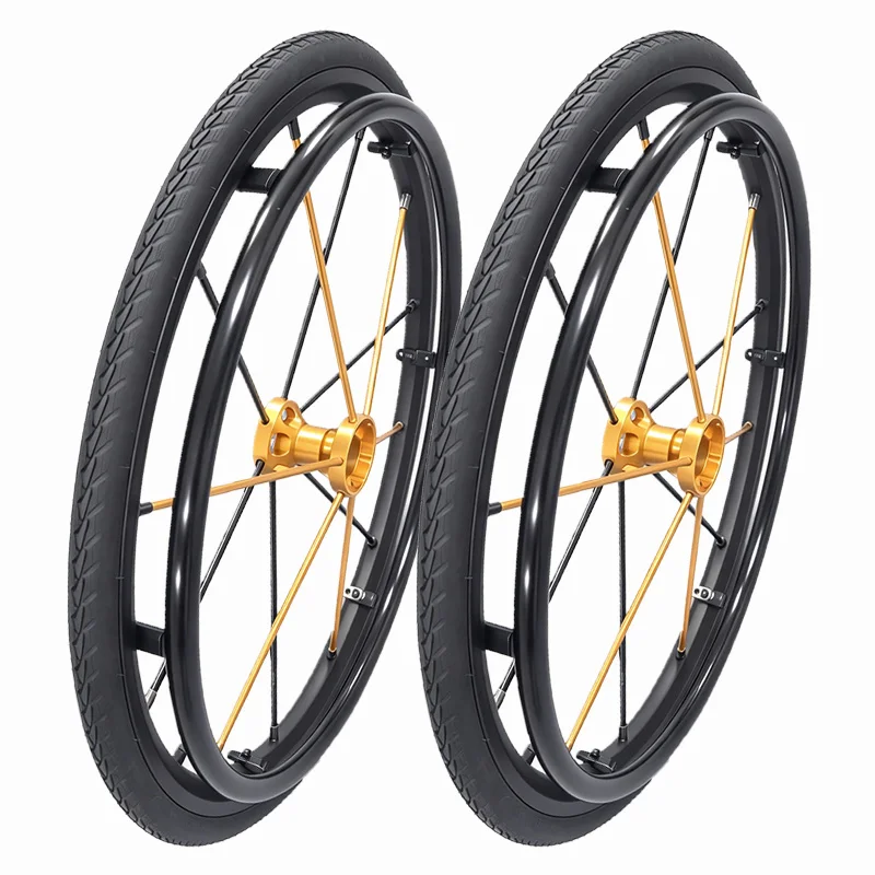 24X1 (25-540) Wheelchair Rear Wheel Accessories, Black and Gold Spokes, Aluminum Alloy Double-Layer Rim, Inflatable Puncture-Proof Tire, One Each for Left and Right (a Pair)