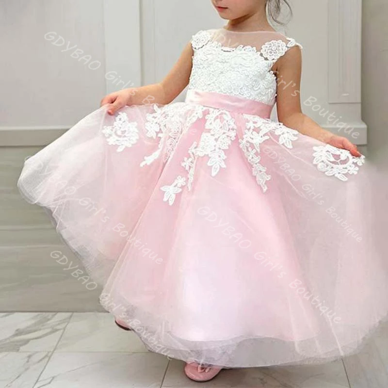 

Pink Flower Girl Dresses for Wedding Toddlers Appliqued Tulle Ankle_Length Princess Pageant Dress with Sashes Custom Party Gown
