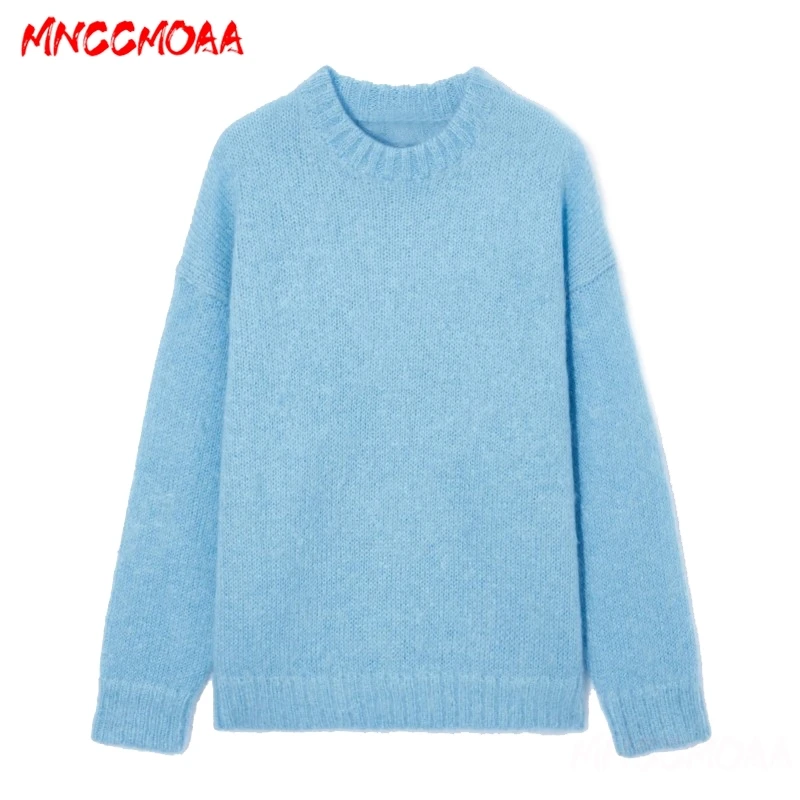 2024 New Autumn Winter Knit Sweater Woman Fashion Loose Round Neck Blue Casual Long Sleeve Kniteed Pullovers Tops