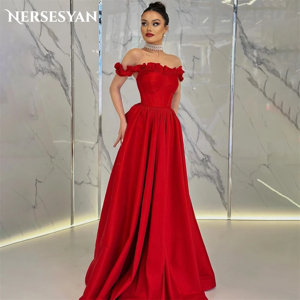 Nersesyan-Vestidos de Noche formales de color rojo liso para boda, vestido fruncido sin hombros, línea A, sin mangas, vestidos de fiesta con espalda descubierta