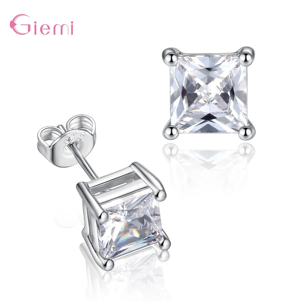 Genuine 925 Sterling Silver Square Moissanite Stud Earrings for Women Girls Wedding Party Jewelry Gifts Accessory Wholesale
