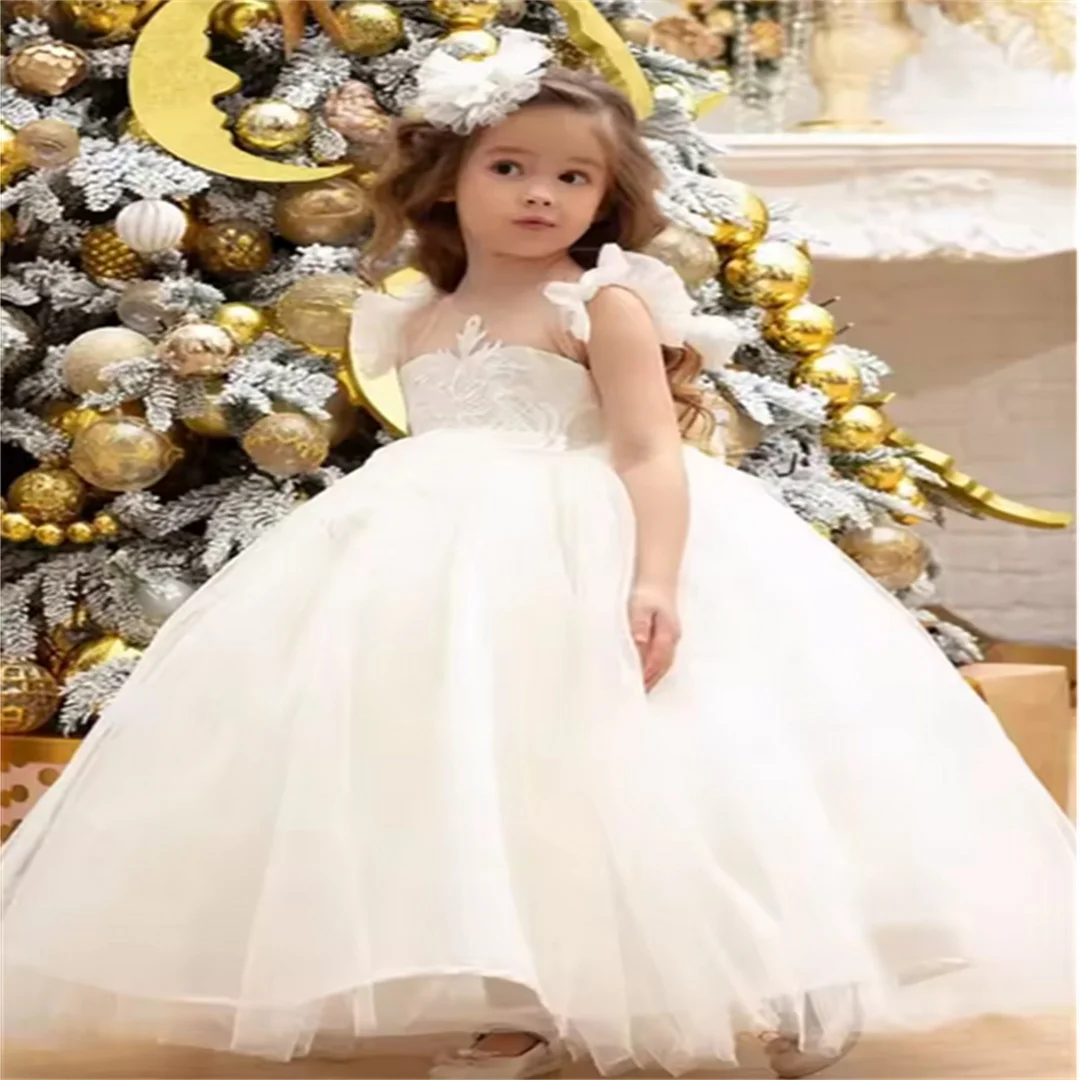 Elegant Flower Girl Dress White Sleeveless Fluffy Tulle Lace Princess Ball Beauty Pageant First Communion Kids Birthday Gowns