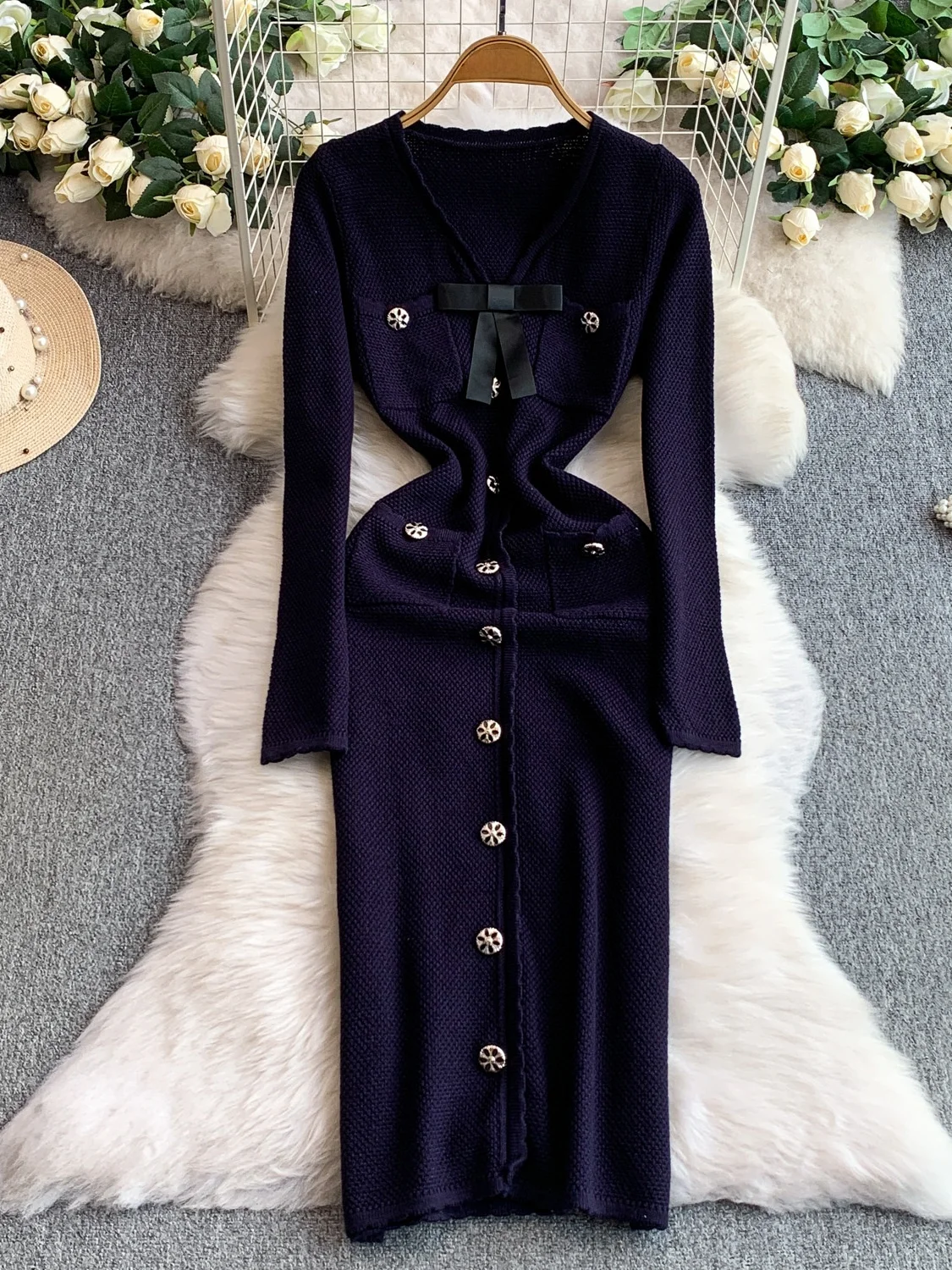 Ele Sweet Knot V-Ne Dr للسيدات للخريف والشتاء بقصة ضيقة وزر واحد طويل Dr Faionable عالي الخصر A-Li...