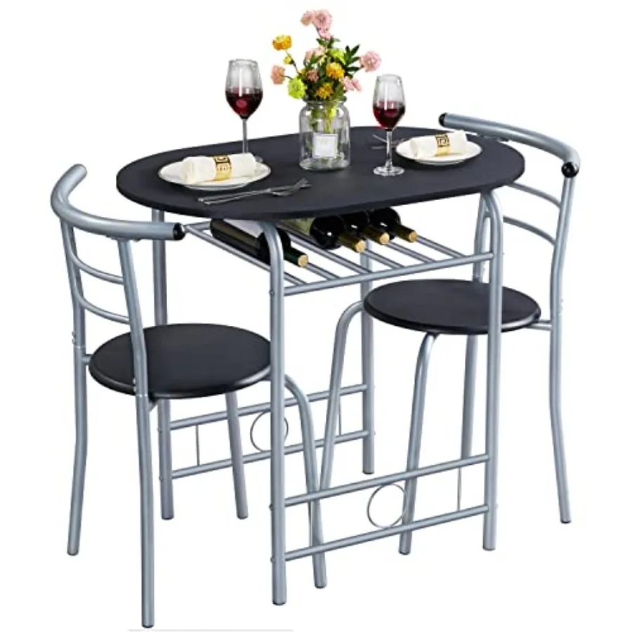 

3-Piece Dining Room Table Set for 2 with Steel Legs and Built-in Wine Rack Compact Kitchen Table Chair Set in Black Ideal for B