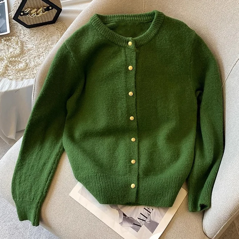

Spring Autumn Green Sweater Coat Women's Single Breasted Short Knitted Top New O-neck Long Sleeved Loose All-matched Jacket