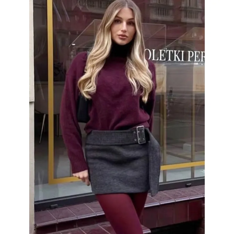 

2025 НОВЫЙ женский винтажный бордовый свитер с высоким воротником, повседневный длинный вязаный пуловер Све, осень-зима, женский однотонный теплый трикотаж