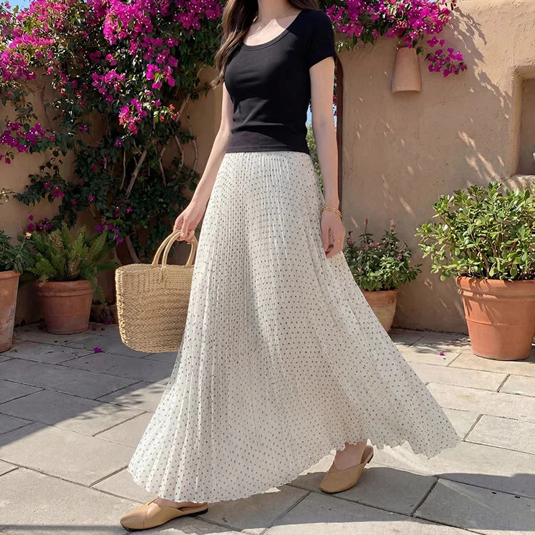Soft Korean White Polka Dot Pleated A-line Skirt High Waist Flared Chiffon Midi Skirt Cute Casual Feminine Daily Summer Outfits
