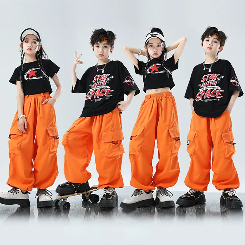 

Kid Hip Hop Clothing Black Graphic Tee Crop T Shirt Top Orange Casual Cargo Jogger Pants for Girl Boy Jazz Dance Costume Clothes