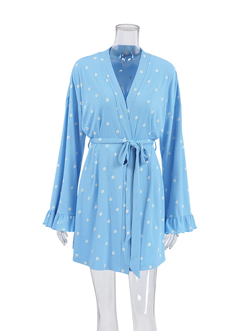 Marthaqiqi Printing Casual Ladies Pajamas Sexy V-Neck Sleepwear Long Sleeve Nightwear Lace Up Nightie Fashion Women'S Pyjamas