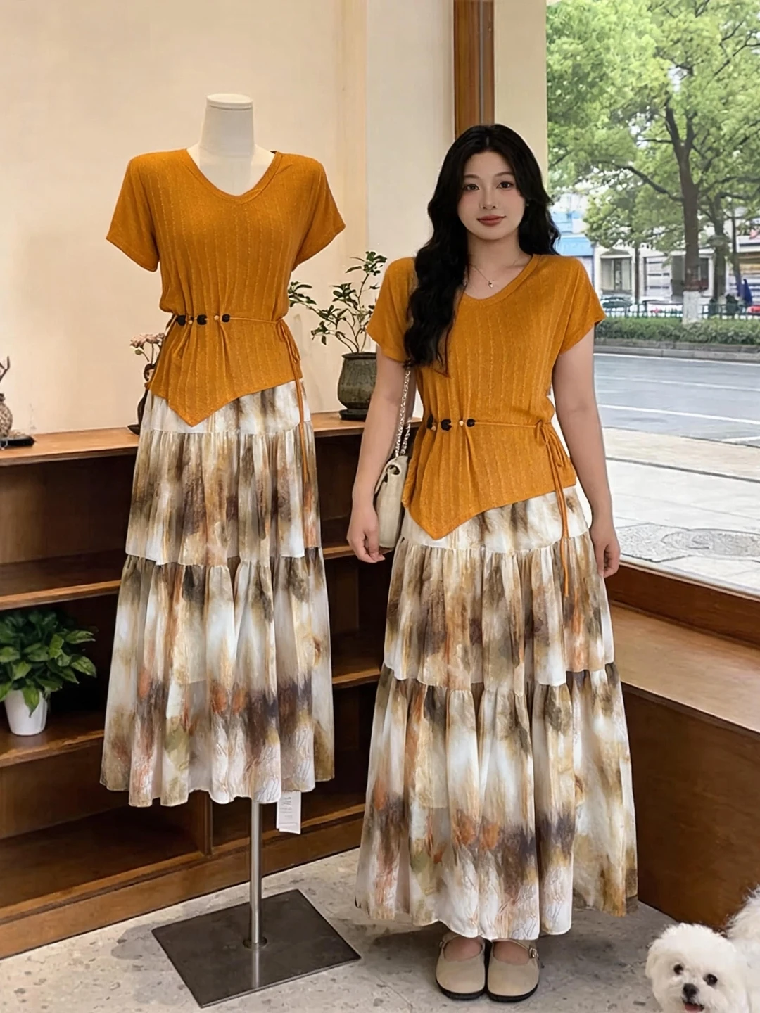 plus Size Slimming Floral Print Half-length Skirt And Top Set Women's Summer New Style Age-reducing Retro Conceal Meat Set