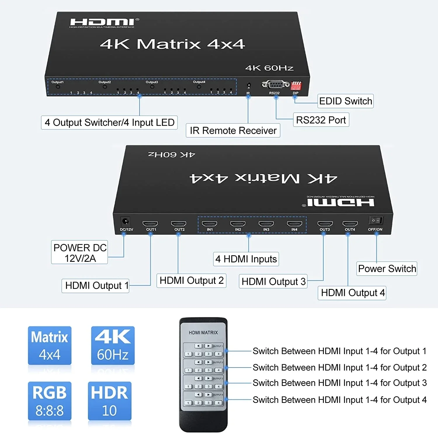 4K@60Hz HDMI Matrix Switch 4 in 4 out HDMI2.0 Matrix Switcher Splitter 4x4 Video Signal Selector EDID HDCP2.2 with RS232 Control