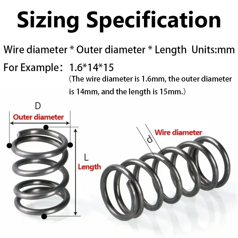 5Pcs 2.5mm Spring Steel Compression Spring, OD:15/16/18/20/21/22/23/24/25/26/28/30/32/34/35/36/38/40mm, Free Length: 20mm-100mm