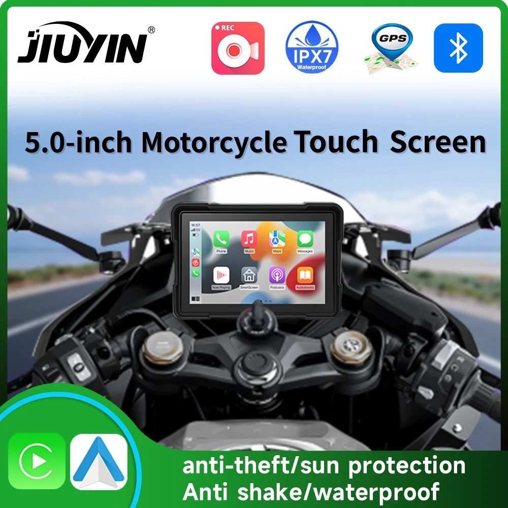 JIUYIN Waterproof Wireless Carplay for Motorcycle 5'' Touch Screen Android Auto with GPS TMPS Anti-shake Night Version Cameras