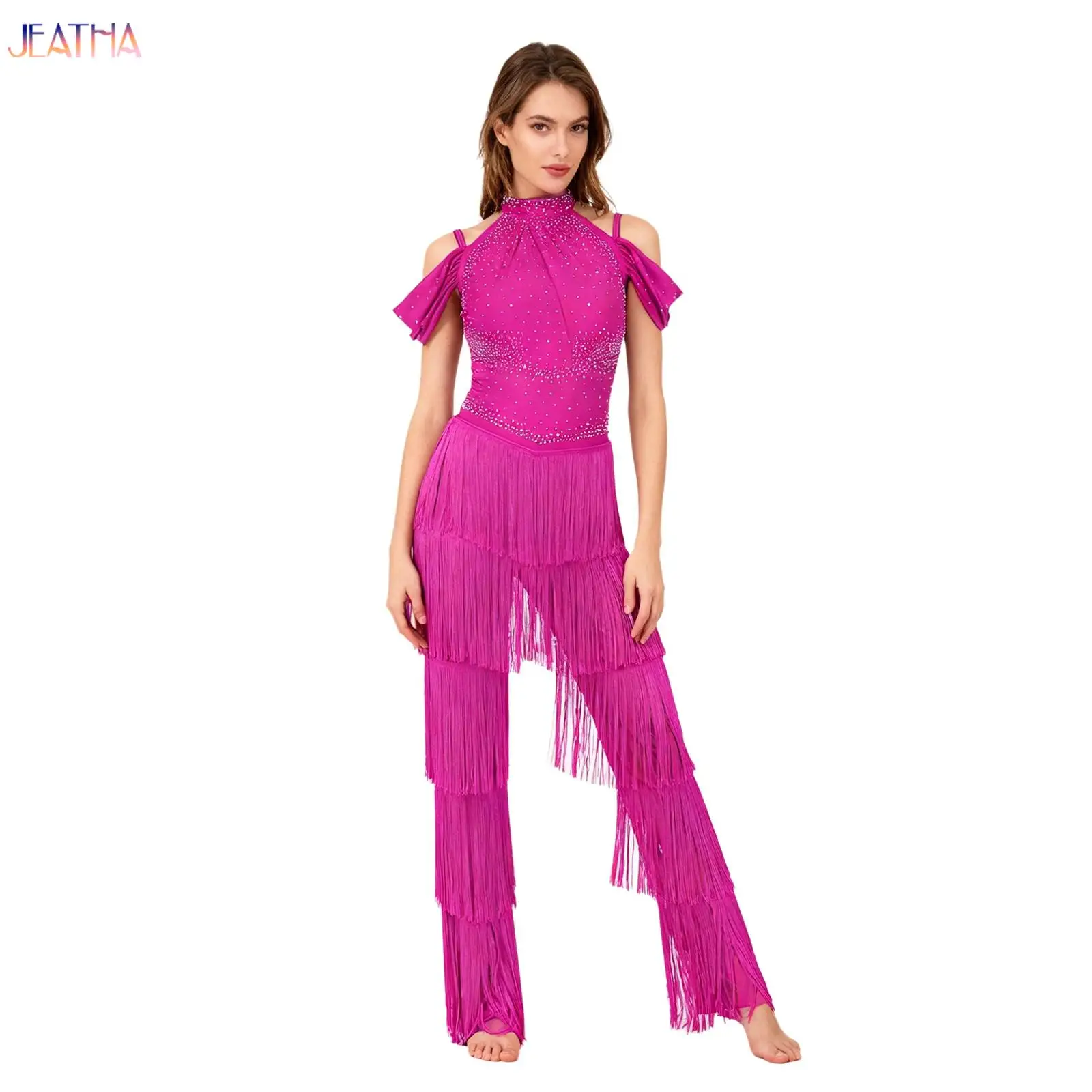 

Latin Dance Rompers Dresses For Womens Ballroom Fringe Tassel Jumpsuit Sequin Fringe Cha-cha Salsa Samba Performance Costume
