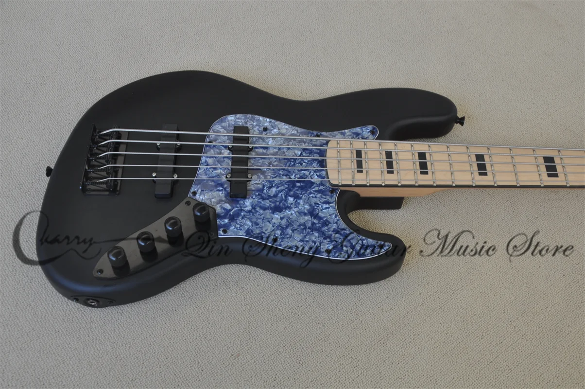 5 String Bass Guitar Jaz Matte Black Body Maple Fingerboard Black Inlay Blue Pearl Pickguard Fixed Bridge Active Battery