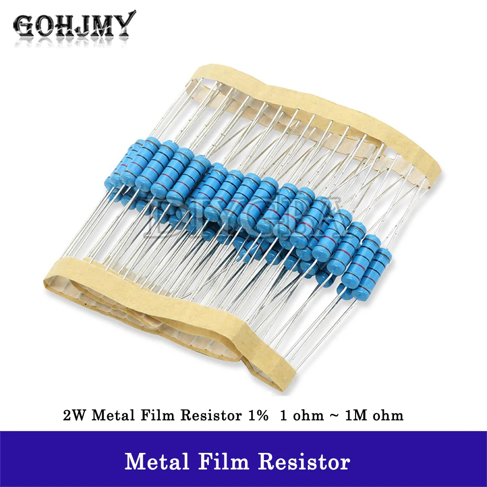 Resistencia de película metálica de 20 piezas, 2W, 1% 1R ~ 1M 2R 10R 22R 47R 100R 330R 1K 4,7 K 10K 22K 47K 100K 330K 470K 1 2 10 22 47 100 330 ohm