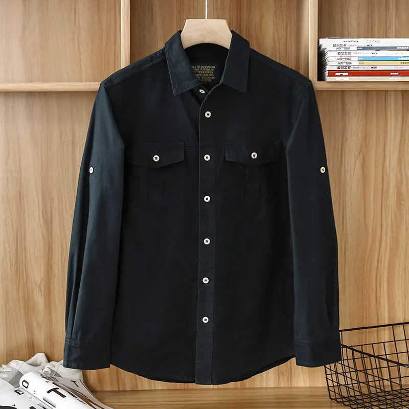 Men's Sportswear 100% Cotton Long Sleeve Running Jackets Shirt Multi-Pocket Casual Loose Cargo Work Shirt for Men Spring 5XL