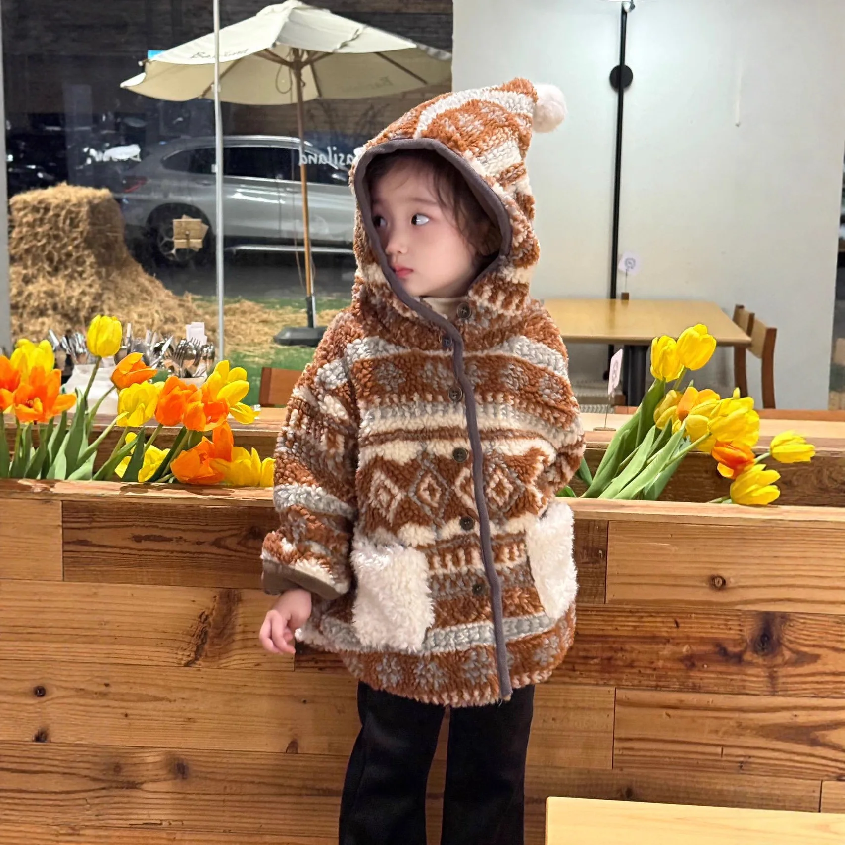 

Winter New Kids Girls Lamb Wool Coat Medium and Long Aorong Inner Wool Hooded Warm Coat