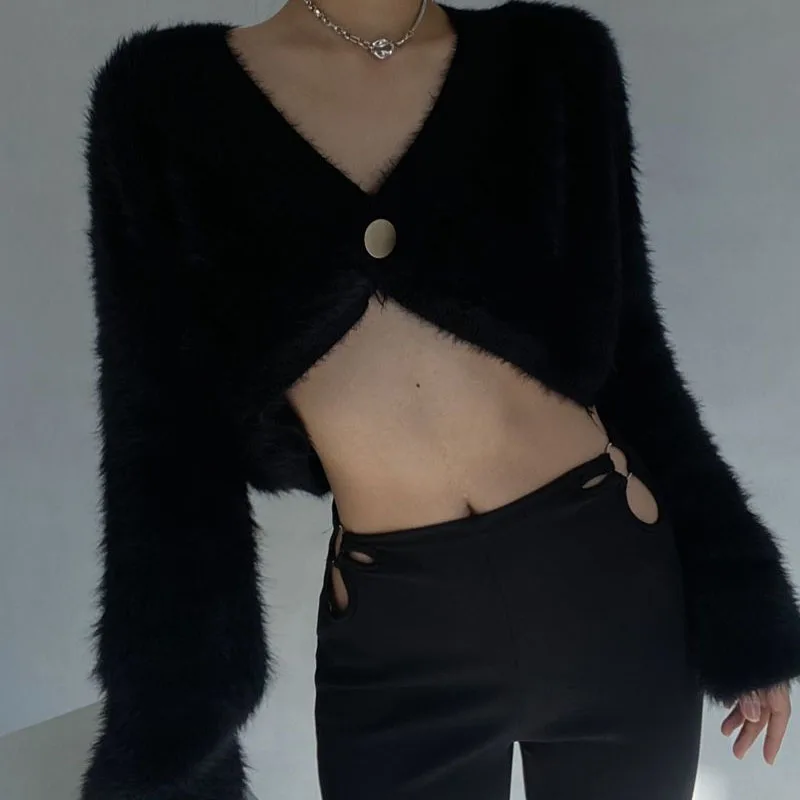 Xpqbb Short Sweater Cardigan Women Fashion Streetwear Imitation Mink Velvet Knitted Cardigans Autumn Winter Vintage Y2K Crop Top