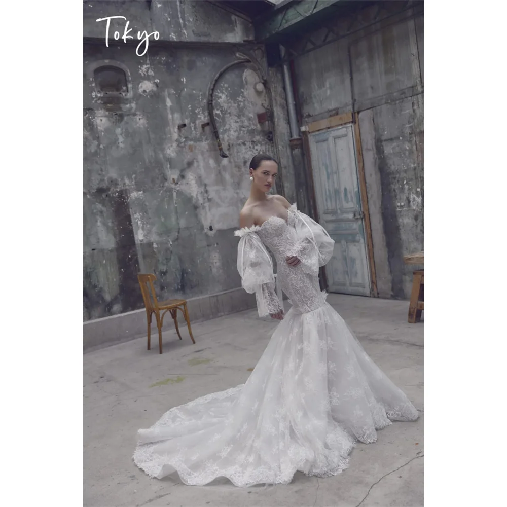 Tokyo Womens Off Shoulder Corset Lace Mermaid Wedding Dress White Puffy Sleeve Long Gown Bridal Shower Evening Party Dresses