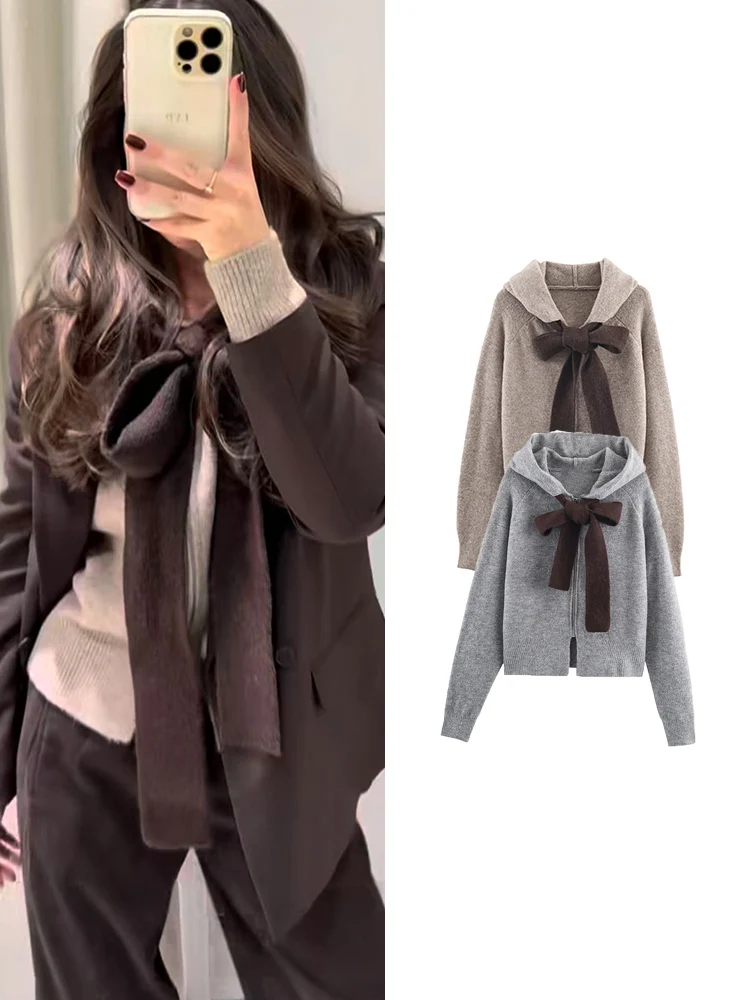 Cardigan tricoté à capuche avec fermeture éclair pour femme, pull à manches longues, couleur unie, Chic, décoration avec nœud, doux, tricot pour dames, nouvelle collection hiver