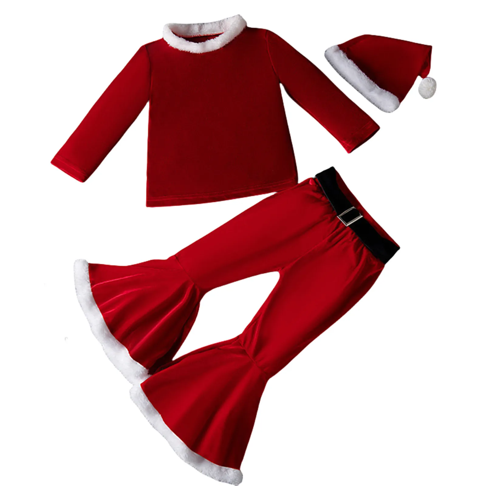 

Kids Christmas Xmas Elf Santa Claus Cosplay Costume Girls Long Sleeve Top with Flared Pants Hat Theme Party Dress Up Outfit