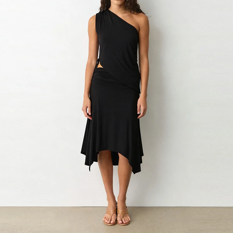 

Summer Minimalist Hollowed Out Beach Set Sexy Backless Slim Fit Party Suits Slant Neck Sleeveless Top with Skirt Women's Outfit