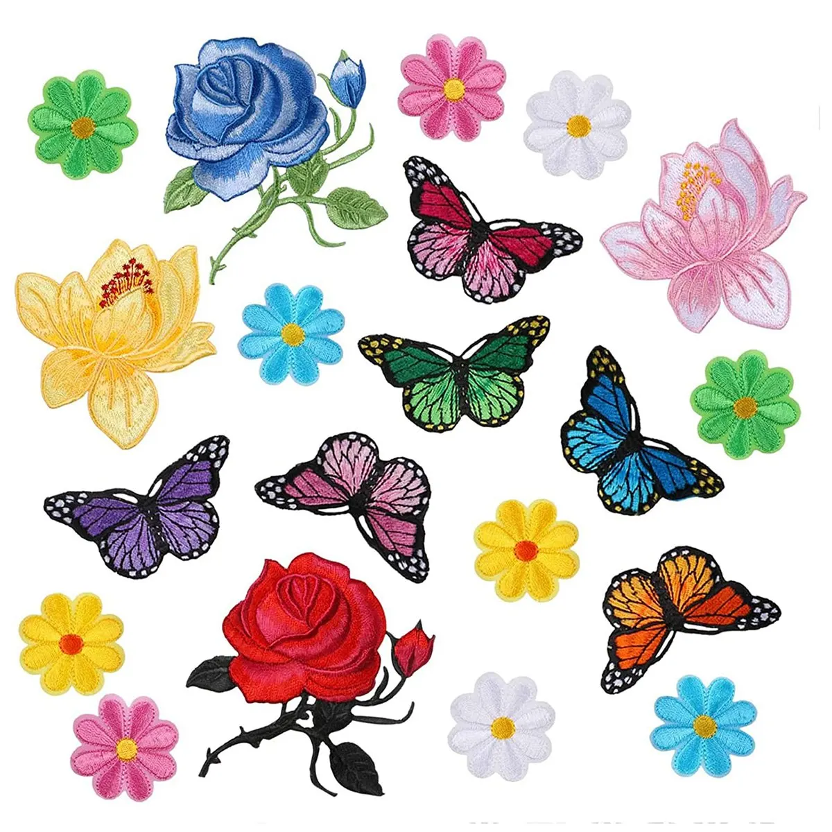 NOCM 20 Pcs Flowers Butterfly Iron on Patches Sew on Embroidery Applique Patches for Arts Crafts DIY Decor,Jeans,Jackets,Bags