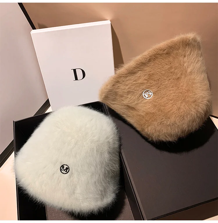 Warm plush Angora rabbit hat Korean designer M Bucket Hat Ladies fall/Winter fashion basin hat Winter double Cuban take hat