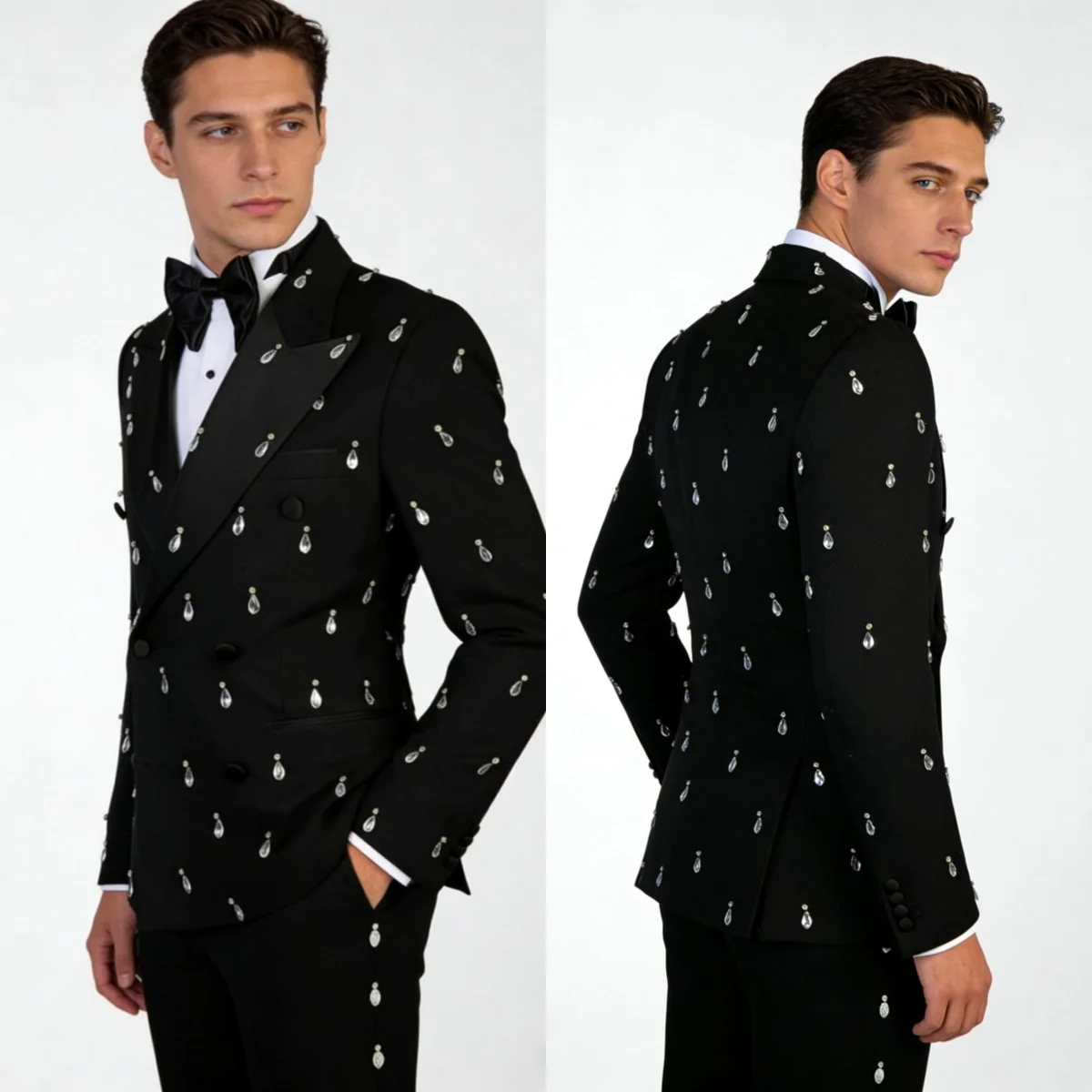 

Formal Crystal Wedding Tuxedos Peaked Lapel Double Breasted Men Suit 2 Pcs Jacket Pant Groom Evening Business Blazers Customized