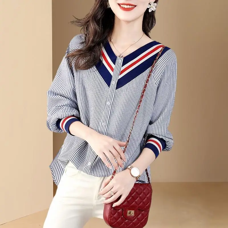 Women\'s Autumn Korean New V-neck Chiffon Shirt Fashion Design Stripe Contrast Buttons Plicing Loose Versatile Mid Length Tops