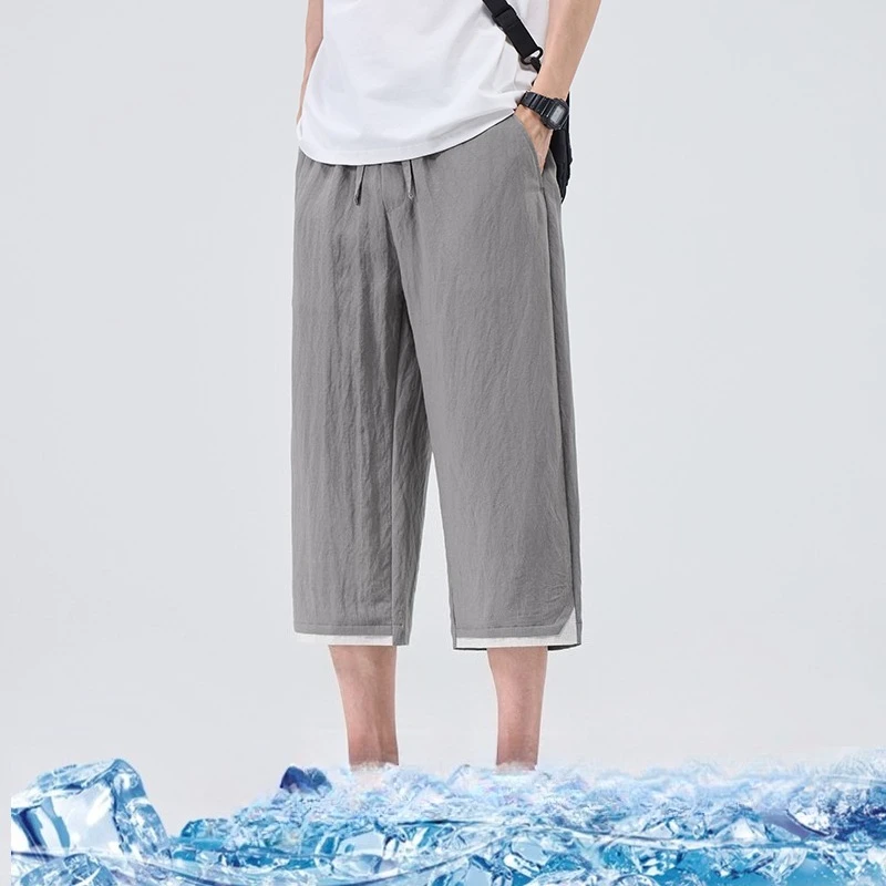 

2025 Summer New Lyocell Ice Silk Men's Cotton Linen Seven Points Pants Korean Street Y2K Casual Fashion All Match Middle Shorts
