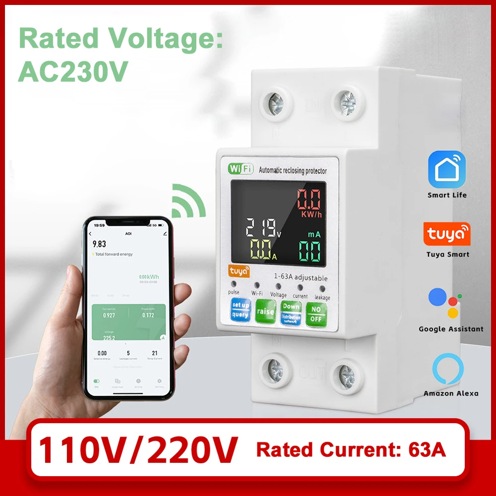Tuya WiFi Intelligent Circuit Breaker Backlit Single-Phase Energy Meter Auto-Reclosing Protector with LCD Display Support APP