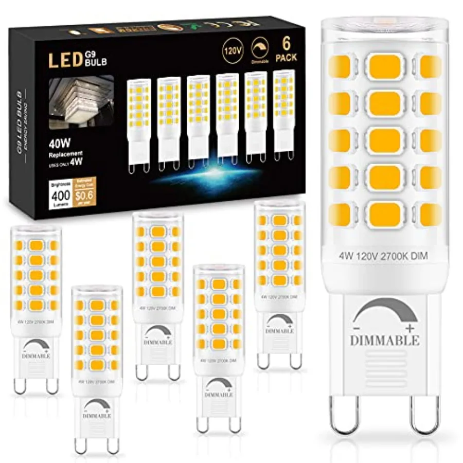 G9 LED Bulb Dimmable 6 Pack, T4 G9 4W Replacement for 40 Watts Halogen, Ceramic Bi Pin Base, 120V 400 Lumen 360°Beam Angle, G9