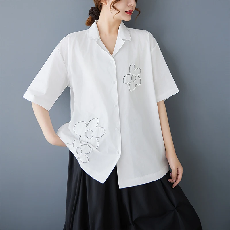 Retro Bla Embroidered irt ort Sve Cuban Collar Design Loose Fit Women's Summer Top for plus Size MM Cotton Blend