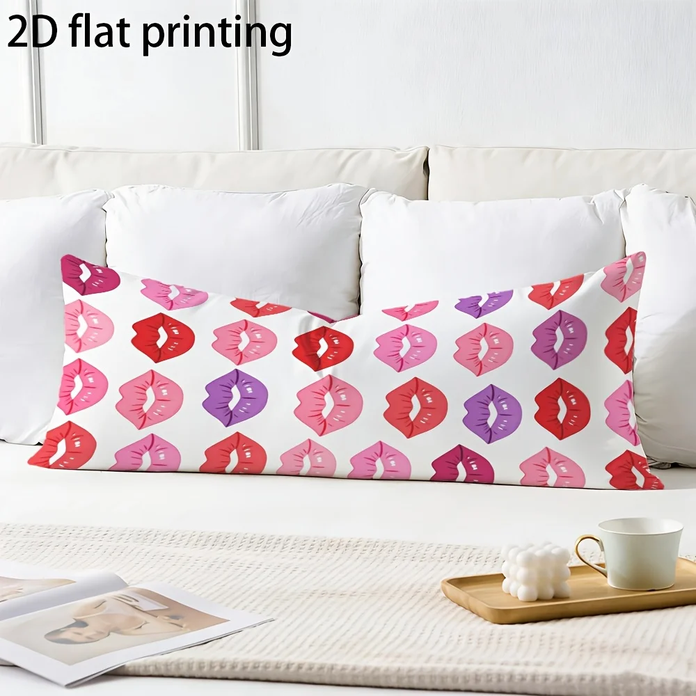 2D Flat - Long Pillowcase, 2D Printed Design with Repeated Lip Print Pattern, Durable Fabric, Full-Body Support Pillow Cover, Id