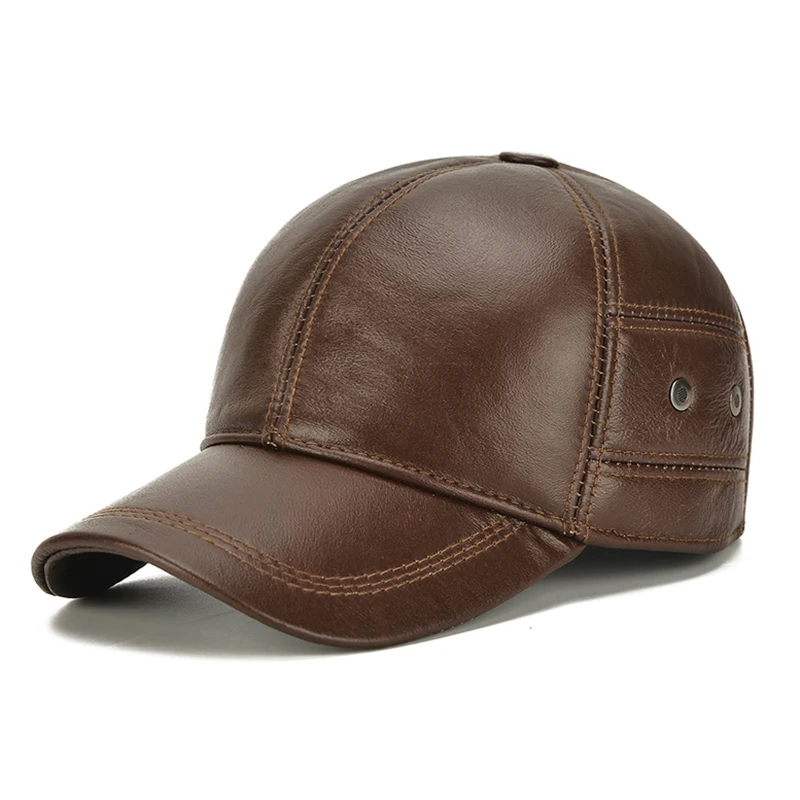 2024 New Style Men Cowhide Hat Winter Warm Outdoor Protect Ear Real Leather Adjustable Baseball Cap Men Real Cowhide Leather Cap