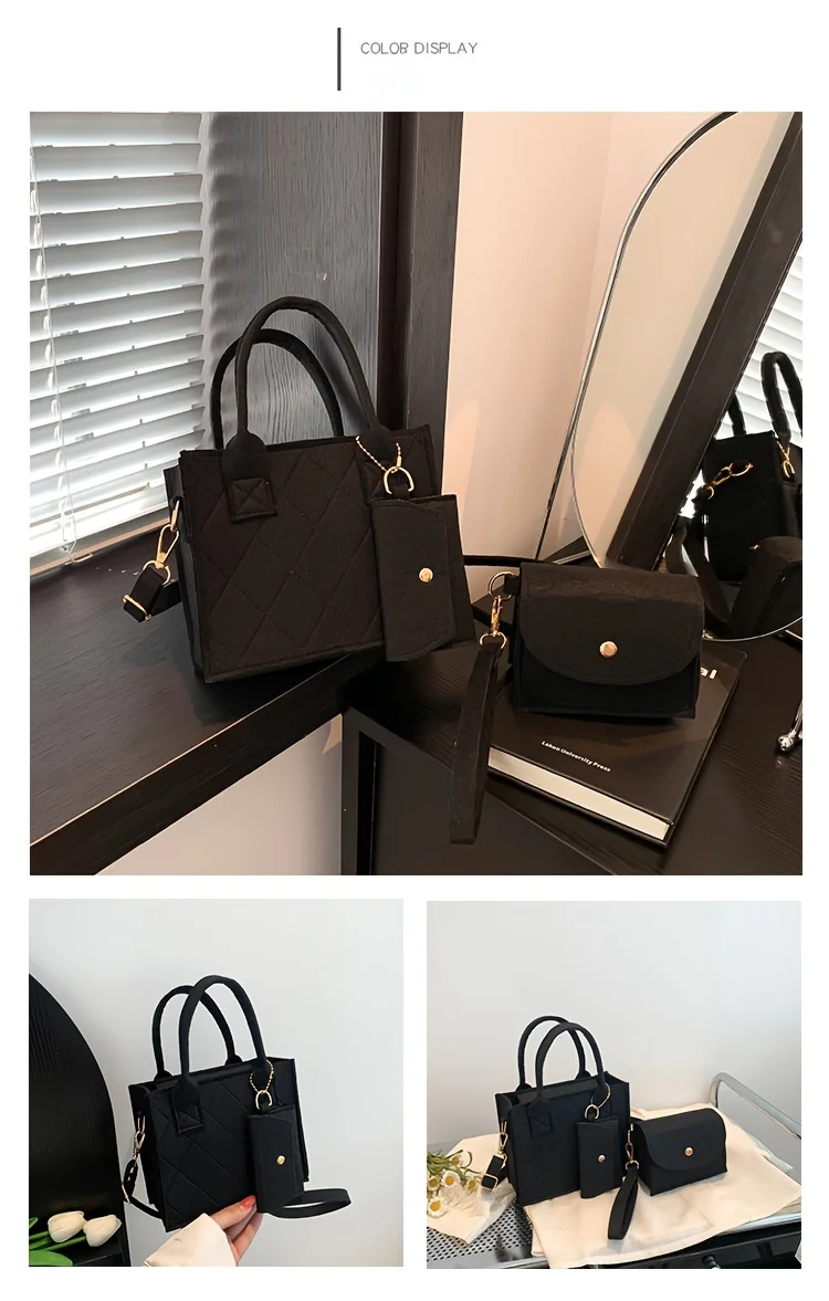 3 Stück/Set geprägte Damenhandtasche, stilvolle Umhängetasche, Clutch und Geldbörse, einfarbige quadratische Umhängetasche, Stoff für den täglichen Gebrauch – Detail 6