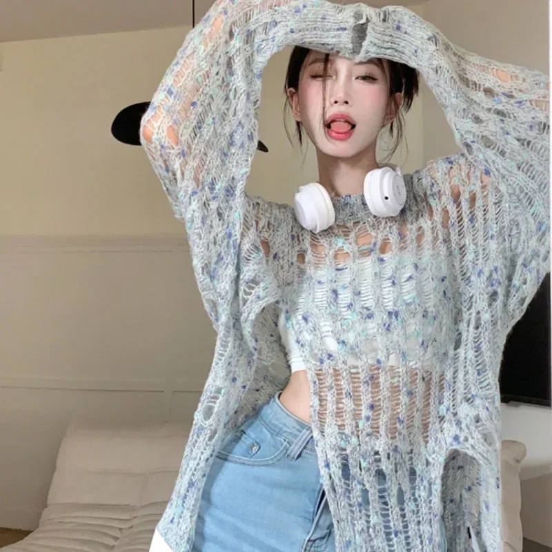 2025 Harajuku Hollow Out Knit Pullovers Tie Dye Broken Hold Sweater Women Vintage Fairycore Grunge Top America Retro Smock