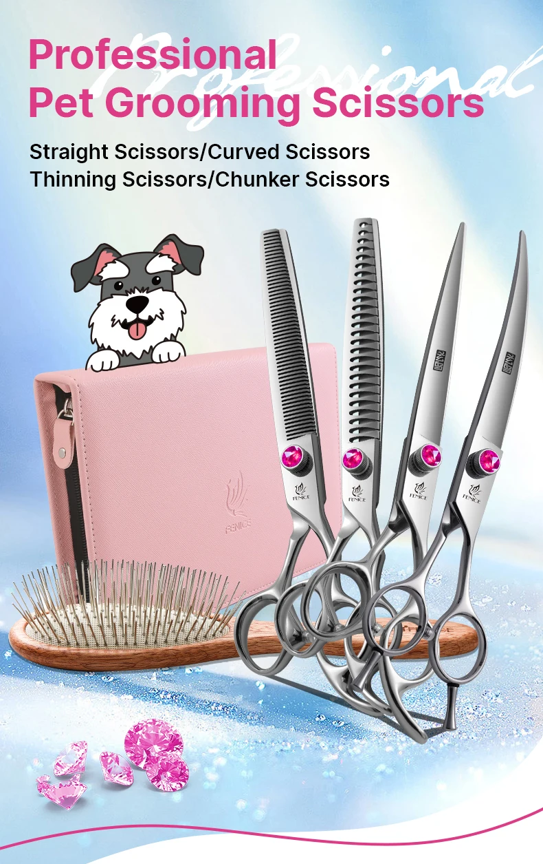 Fenice 7,0/7,5/8,0 Zoll JP440C Haustier-Friseurset, rosarote Schraube, gerade/gebogen/dünner/Chunker für Hunde, Fellpflege, Trimmen – Detail 1