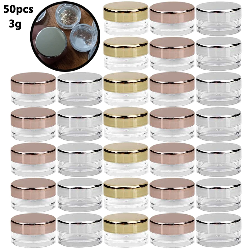 

50pcs 3g 3ml Makeup Jar Cosmetic Empty Container with Rose Gold Lid Plastic Small Bottle for Eyeshadow Cream Lip Balm Container