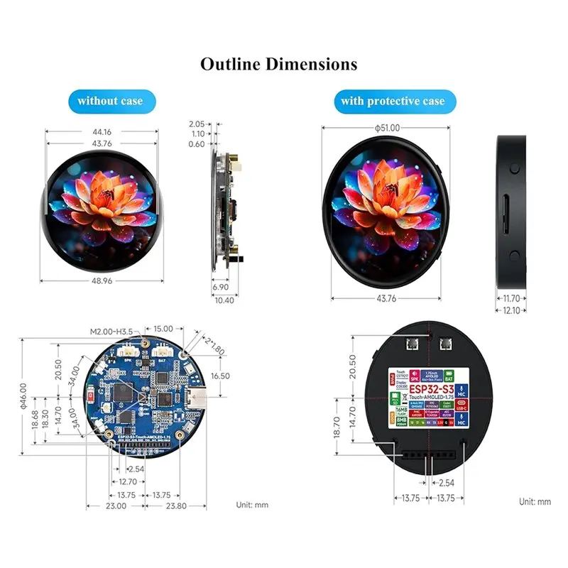 ESP32-S3 Development Board With 1.75Inch AMOLED Round Touch Display, Dual-Core LX7 Processor, 466X466 Resolution, QSPI